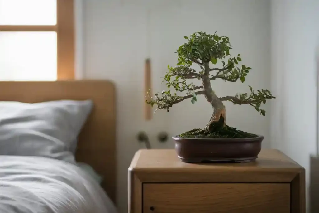 Bonsai tree on a wooden nightstand next to a bed with light gray bedding in a softly lit room, reflecting the tranquility.