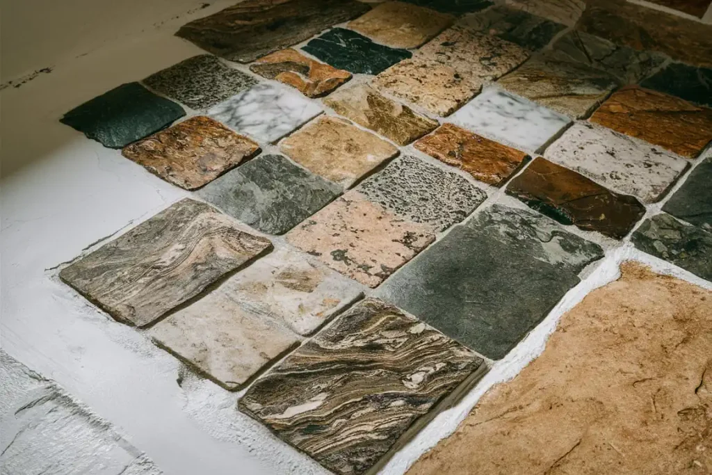 A tiled floor with variously colored and textured squares in a random pattern on a white background, expertly designed during the pre-construction planning phase.