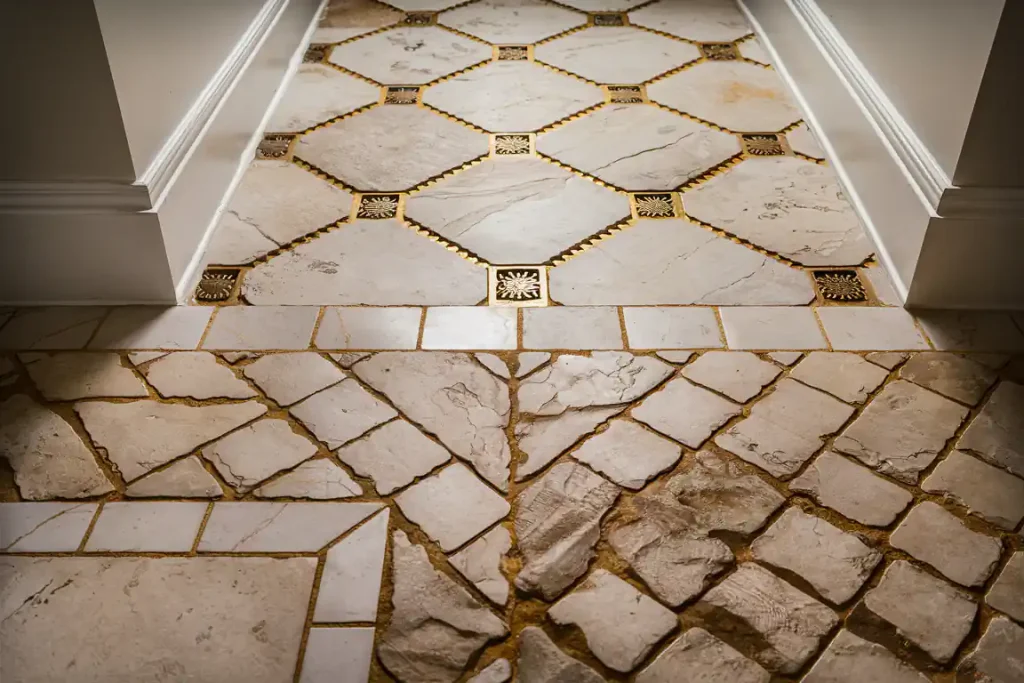 Close-up of a hallway floor with intricate geometric tile patterns, including diamond shapes and textured stone tiles—showcasing the meticulous attention to detail achieved through thorough pre-construction planning.