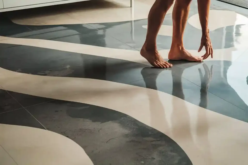 Person with bare feet standing on a tiled floor featuring a bold, wavy pattern design.