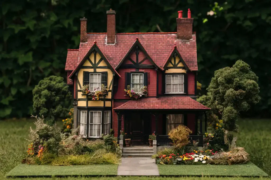 A charming, two-story Tudor-style house with a red roof, surrounded by a garden with flowers and greenery, is the perfect embodiment of meticulous pre-construction planning.