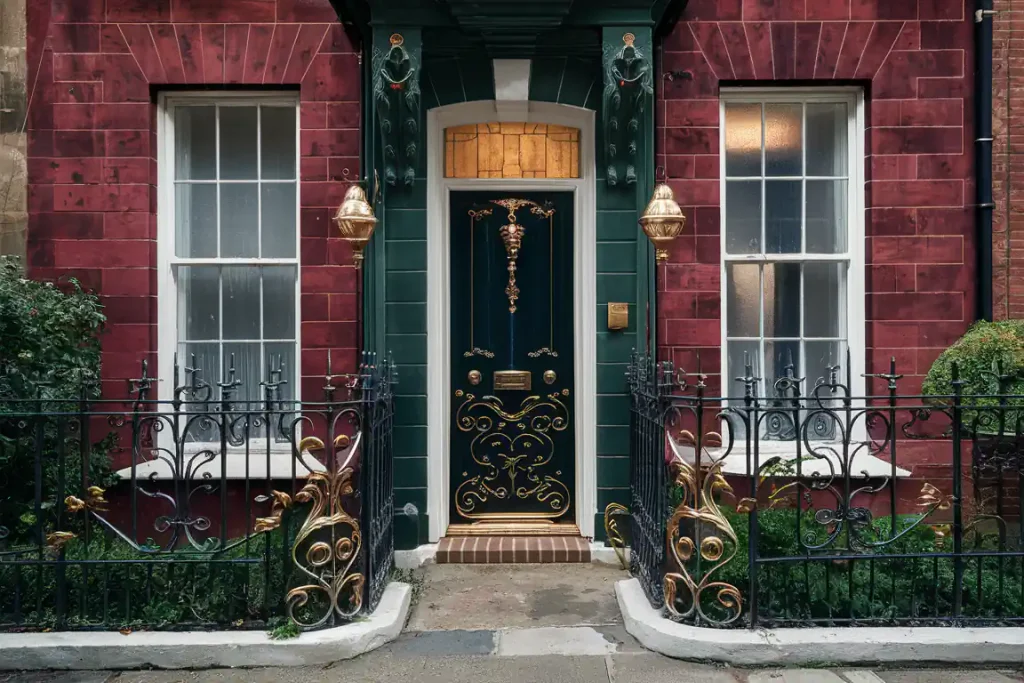 A red brick house with a black ornate door, decorative railings, two windows, and a small garden in front showcases meticulous pre-construction planning.