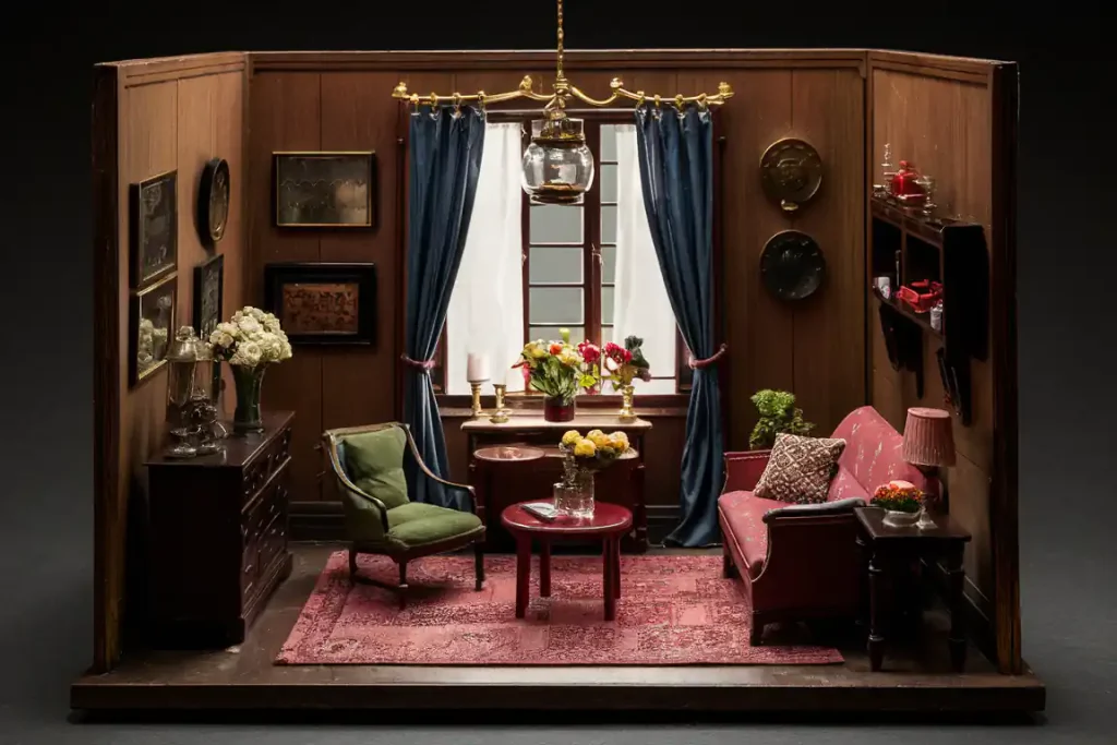 A quaint, cozy, well-furnished room with dark wood paneling, elegant curtains, vintage furniture, and floral arrangements recalls the meticulous care seen in a well-thought-out Pre-Construction process.