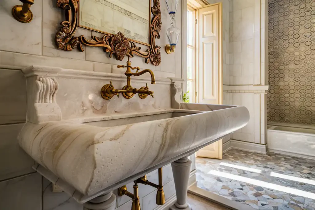 Elegant bathroom with a marble sink, ornate mirror, and decorative tiled walls, bathed in natural light from an open window. The pre-construction planning ensured every detail contributed to the luxurious ambiance.