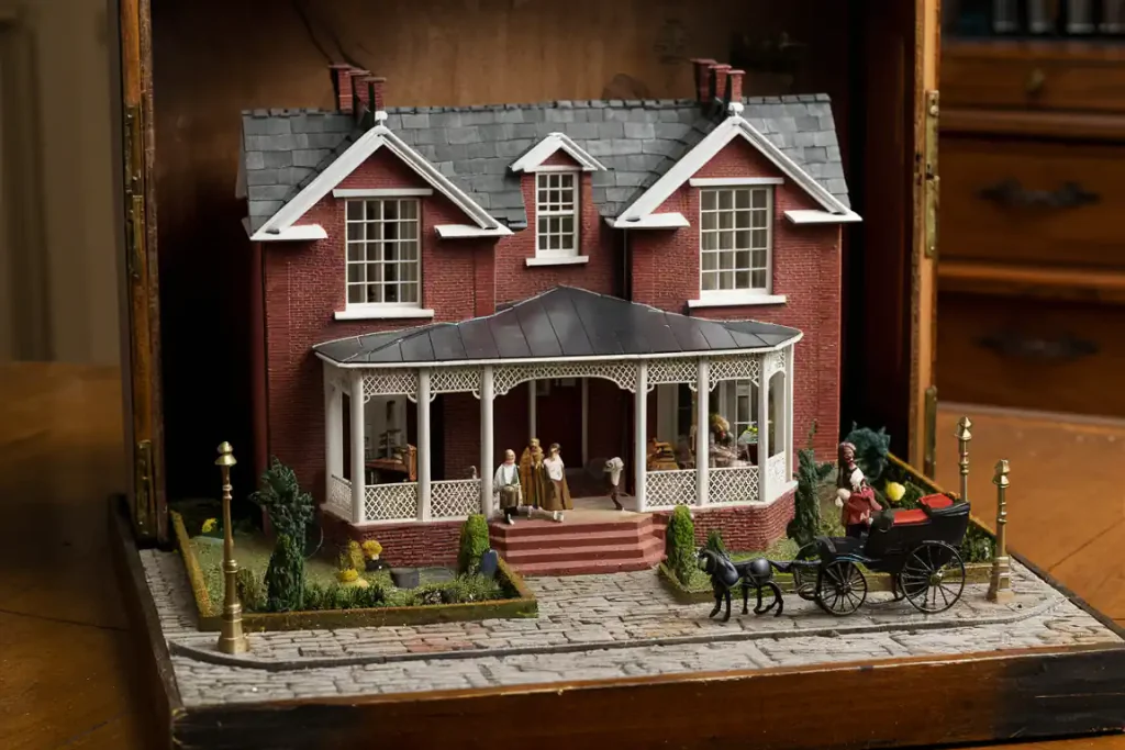 A detailed miniature model of a brick house with people on the porch and a horse-drawn carriage in front.