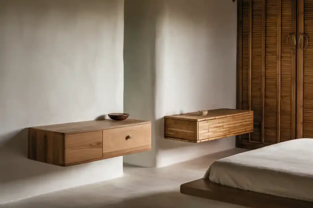 Minimalist bedroom with floating wooden nightstands, a bed, and a textured wooden wardrobe. Neutral-toned decor.