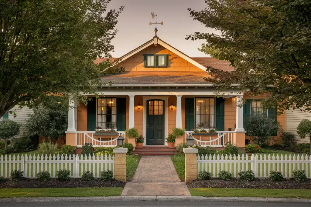 Cozy house with green shutters, white picket fence, and well-maintained garden, a testament to meticulous pre-construction planning, viewed from the front path.