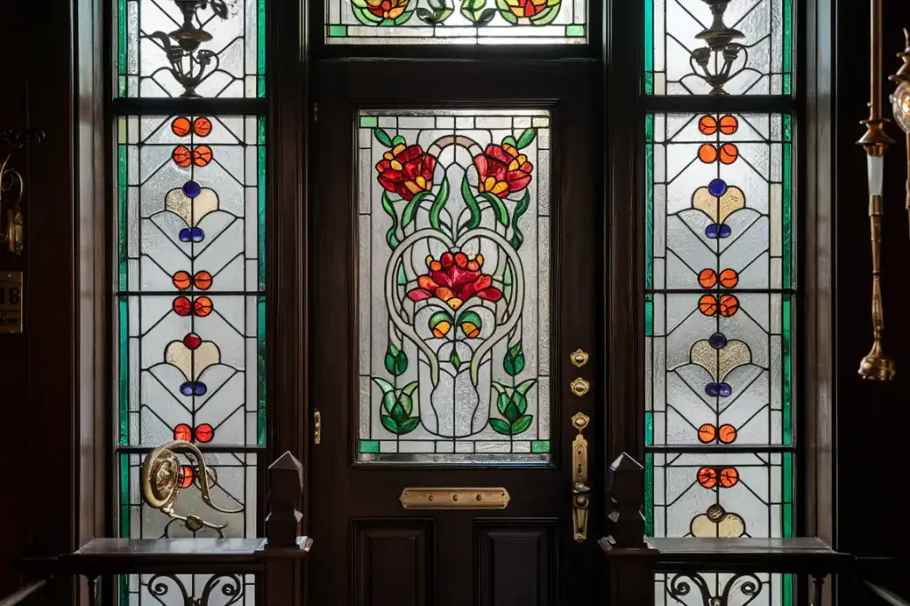 Ornate wooden door with vibrant stained glass panels featuring floral designs in red, orange, and green colors, showcasing meticulous attention to detail often seen during the Pre-Construction Planning phase.