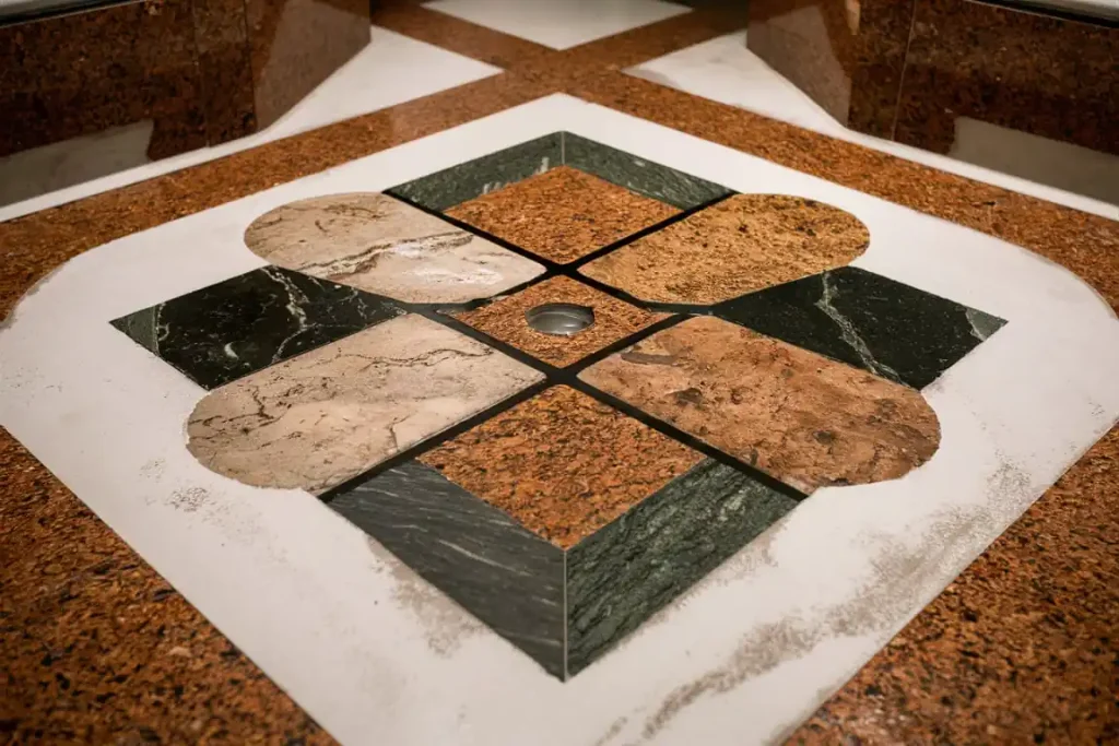 A decorative floor design, meticulously formulated during the pre-construction planning phase, features various patterned tiles forming a geometric shape with a small circular hole in the center.