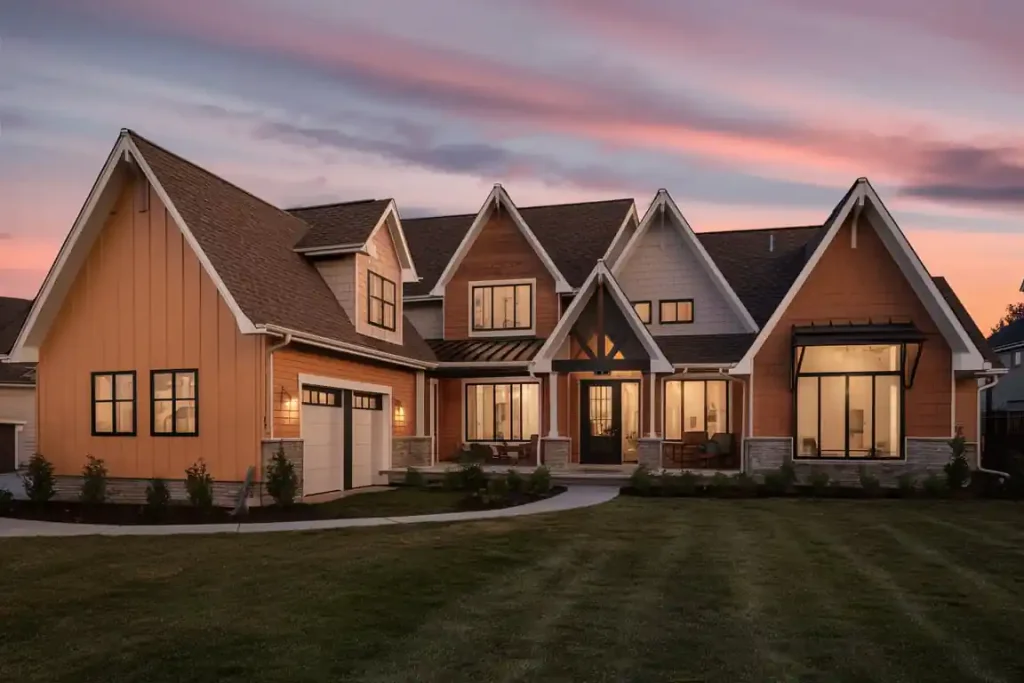 A modern house with lit windows and a well-maintained lawn at twilight, under a pink and purple sky, showcases the seamless results of the facade.