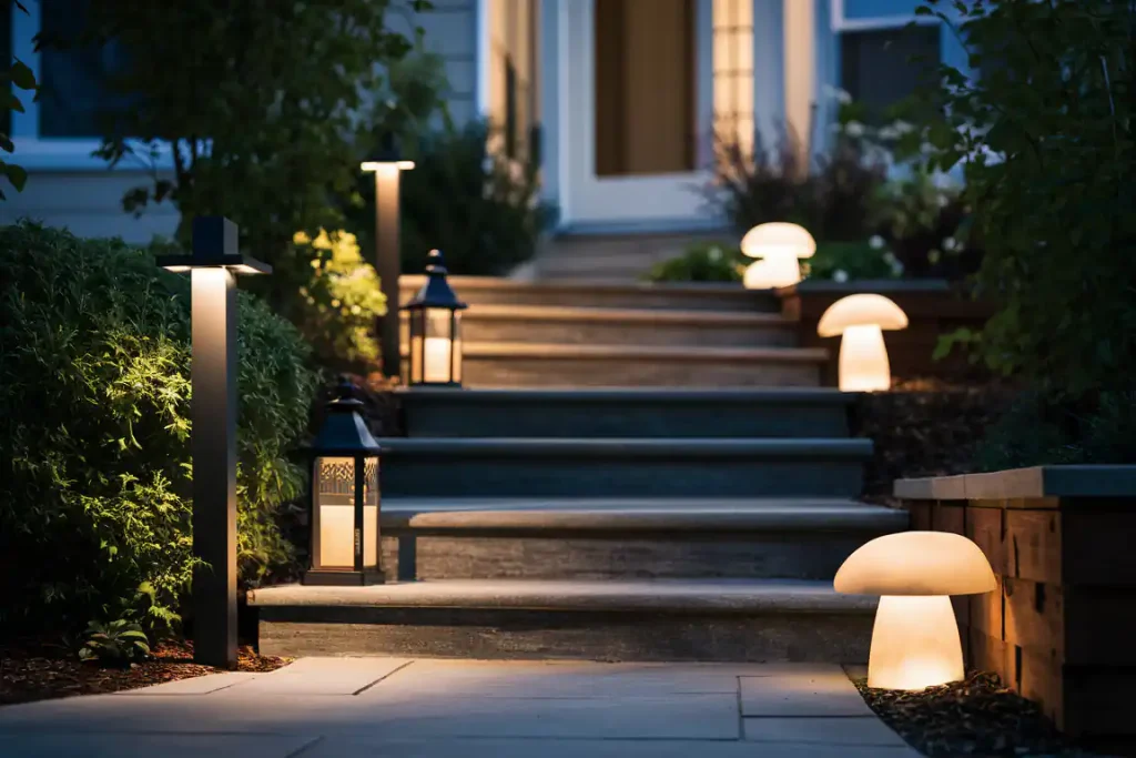 An outdoor staircase with glowing mushroom-shaped lights and lanterns, leading up to a house entrance at dusk.