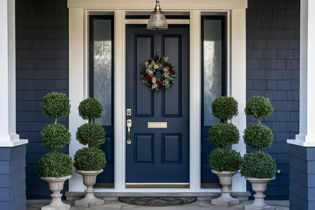 A blue front door with a holiday wreath, flanked by symmetrical topiary plants in white pots on either side, reminiscent of the meticulous details often considered during the Pre-Construction Planning phase.
