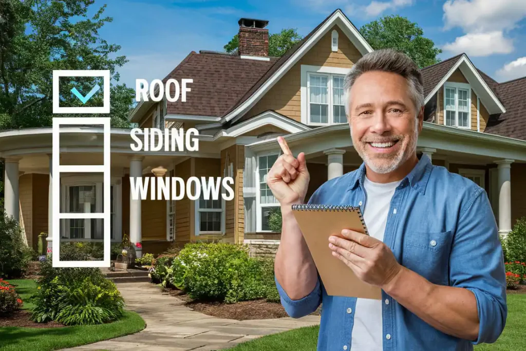 Smiling man pointing at "Roof" beside a house. Checklist reads: Roof, Siding, Windows.