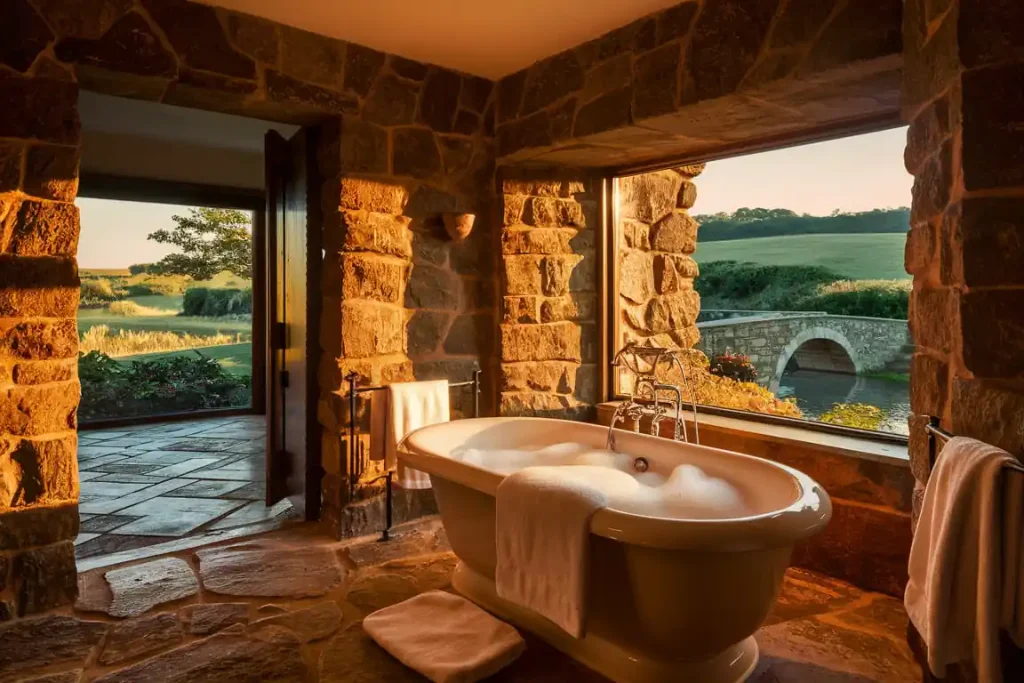A stone-walled bathroom, crafted during meticulous pre-construction planning, features a freestanding bathtub filled with bubbles, large windows, and a doorway opening to a scenic view.