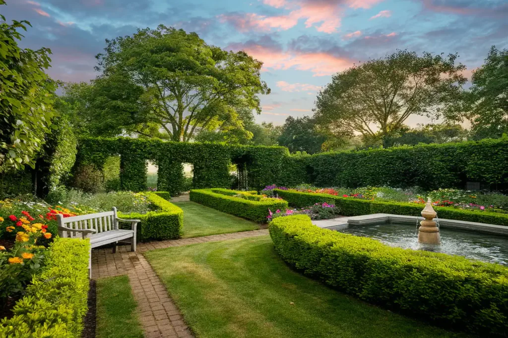 A manicured garden with a fountain, benches, trimmed hedges, and colorful flowers at sunset showcases the beauty.