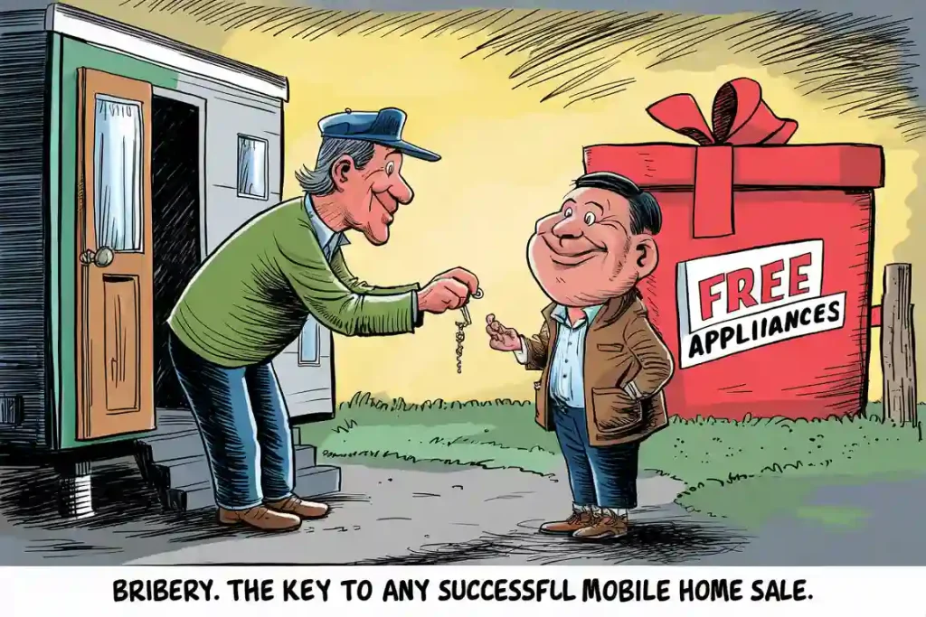 Cartoon: A man hands a key to another beside a mobile home and a large gift-wrapped box labeled "FREE APPLIANCES – Tips for Selling Quickly.