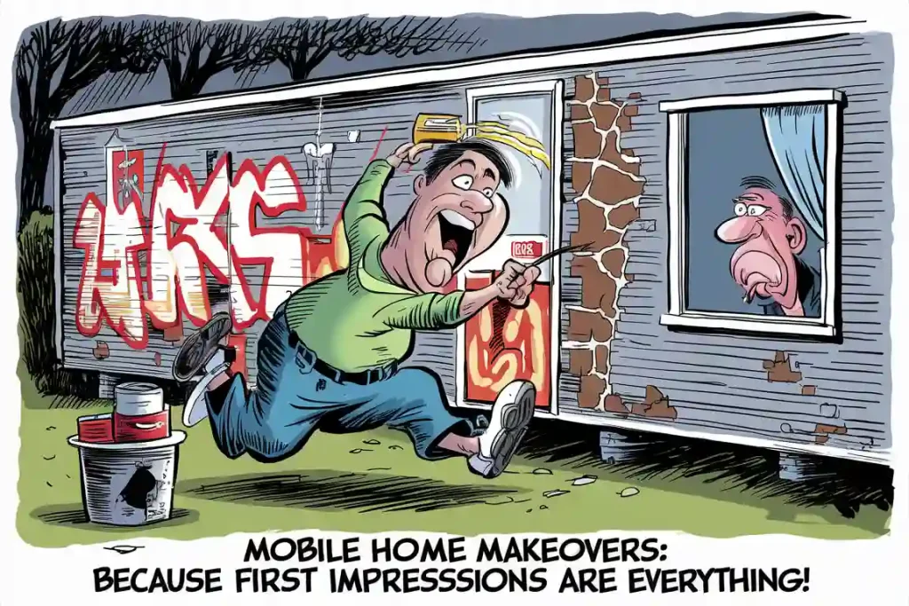 A man gleefully runs away from a graffiti-covered mobile home after selling it quickly, while another man looks out a window, baffled.