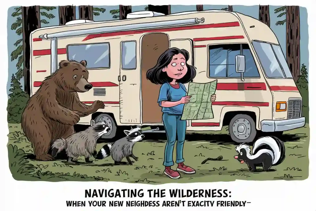 A woman holding a map stands near an RV, surrounded by a bear, raccoons, and a skunk with text reading "NAVIGATING THE WILDERNESS