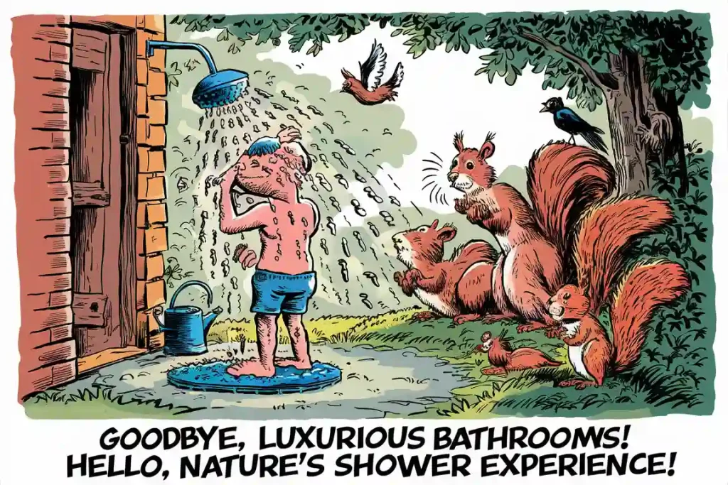 A man showers outdoors while squirrels, birds, and other animals watch. Caption: "Goodbye, luxurious bathrooms...