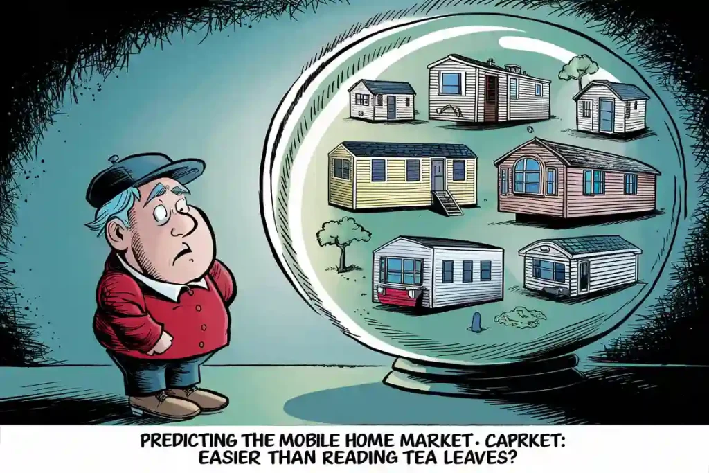 Cartoon of a worried man looking at a crystal ball showing mobile homes. Caption: "Predicting the mobile home market: easier with tips for selling.