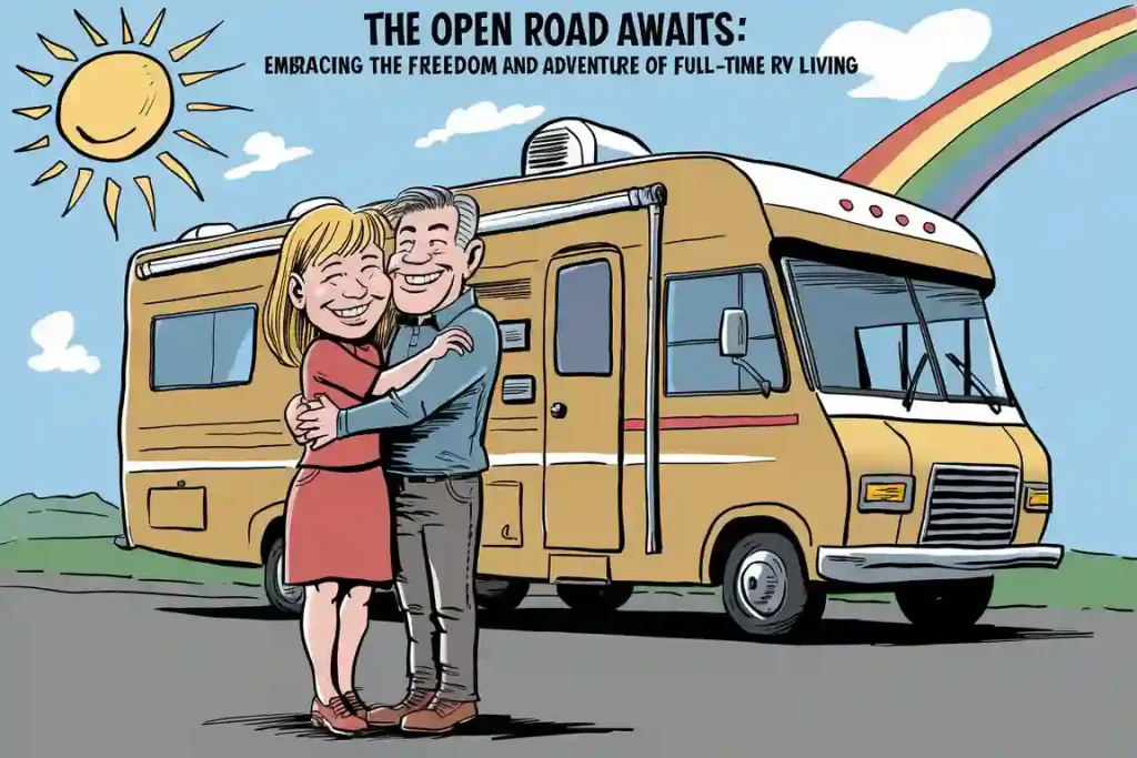 A couple hugs in front of an RV under a sunny sky with a rainbow. Text reads: "The open road awaits: Embrace RV living and the freedom it brings, just like pre-construction planning ensures a smooth journey ahead.