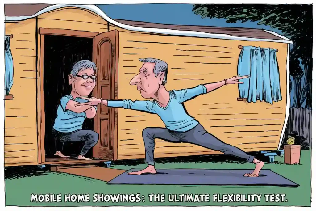 Cartoon of two people doing yoga outside a mobile home. Caption reads "Selling Mobile Home showings: The ultimate flexibility test.
