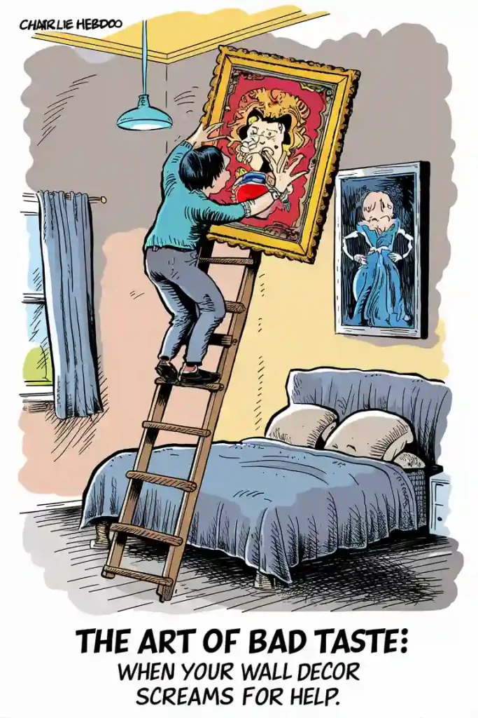 A person climbs a ladder to adjust a gaudy painting on the wall, with text "THE ART OF BAD TASTE: When your wall decor screams for help." It's clear that some pre-construction planning could have saved them from this design fiasco.
