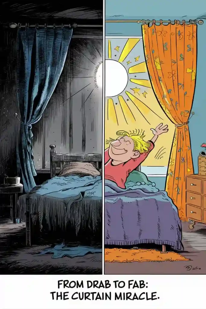 A split image showing a dark bedroom with blue curtains on the left and a bright, cheerful bedroom with orange curtains on the right, highlighting the transformative potential of thoughtful Pre-Construction Planning.