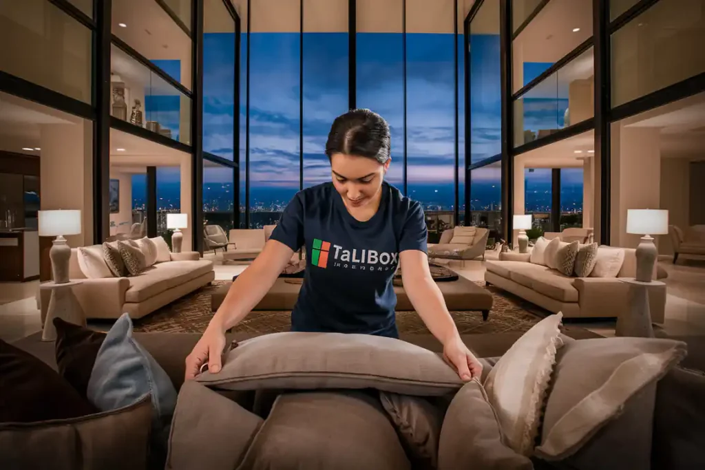 A woman in a TALLBOX Home Staging shirt arranges pillows in a modern, luxurious living room, showcasing the elegance achieved through meticulous pre-planning, all set against a stunning evening city view.