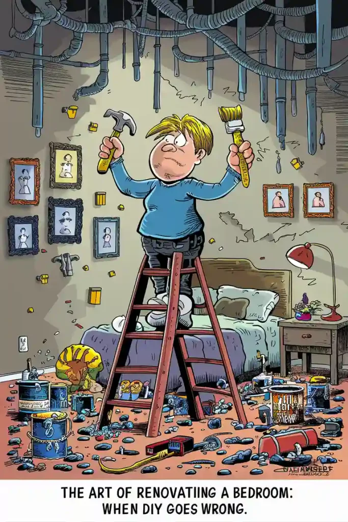 Cartoon of a man on a ladder holding tools amidst a messy, unfinished bedroom renovation. Caption reads, "The Art of Renovating a Bedroom: When DIY Goes Wrong – Skipping the Pre-Construction Planning.