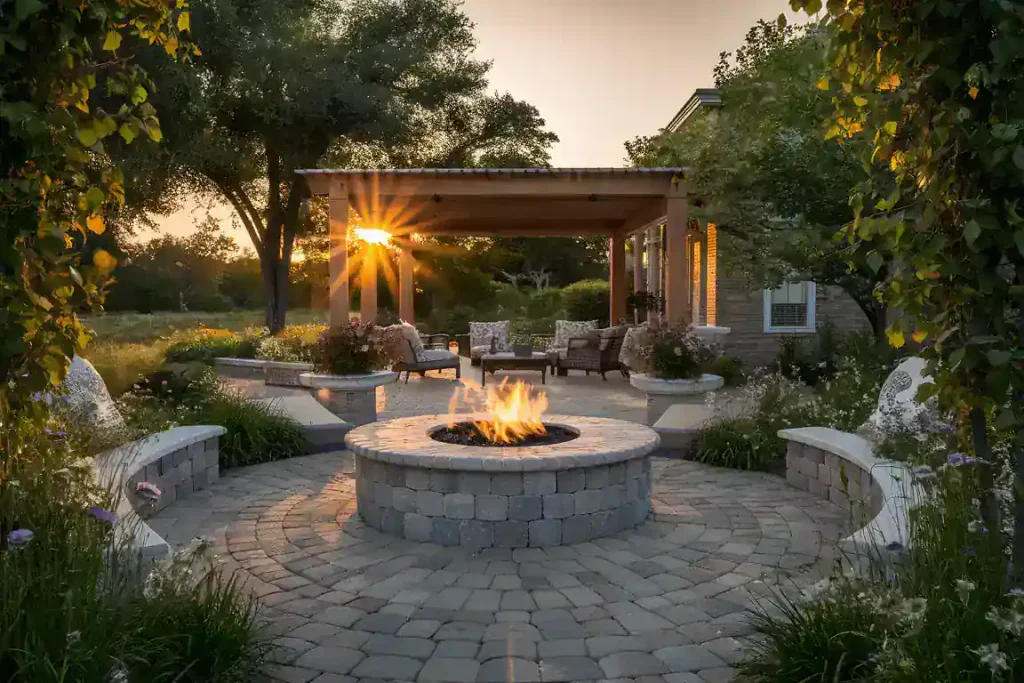 Backyard patio with stone fire pit, surrounded by chairs, under a pergola with sunset in the background – perfect for potential buyers when selling an old house.