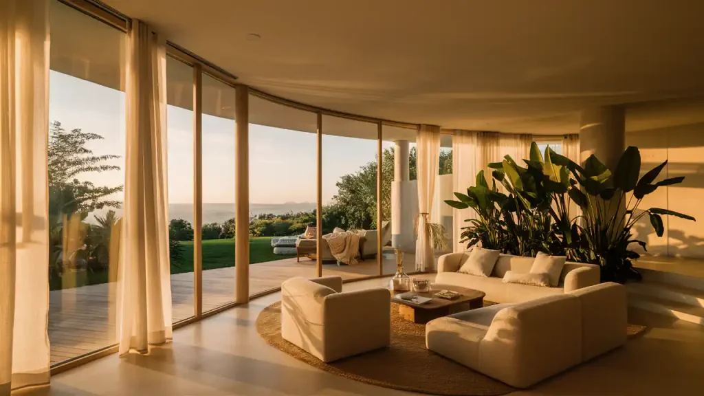 A spacious living room in Organic Modern Style features white furniture, large windows, lush plants, and a view of a garden and ocean at sunset.