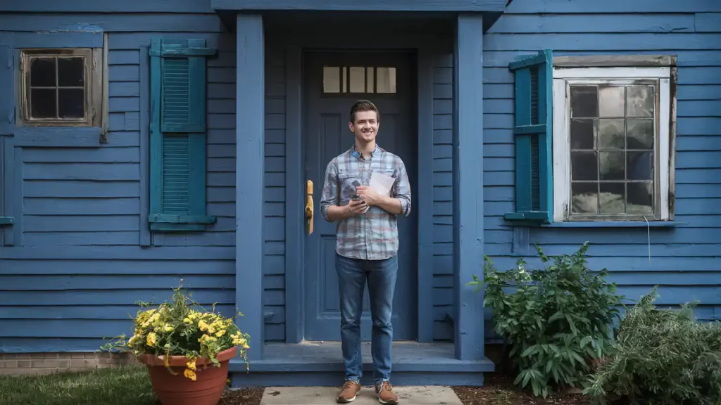 A man stands smiling at the doorway of a blue house with green shutters, holding a smartphone and a drink, having just followed essential home buying tips.
