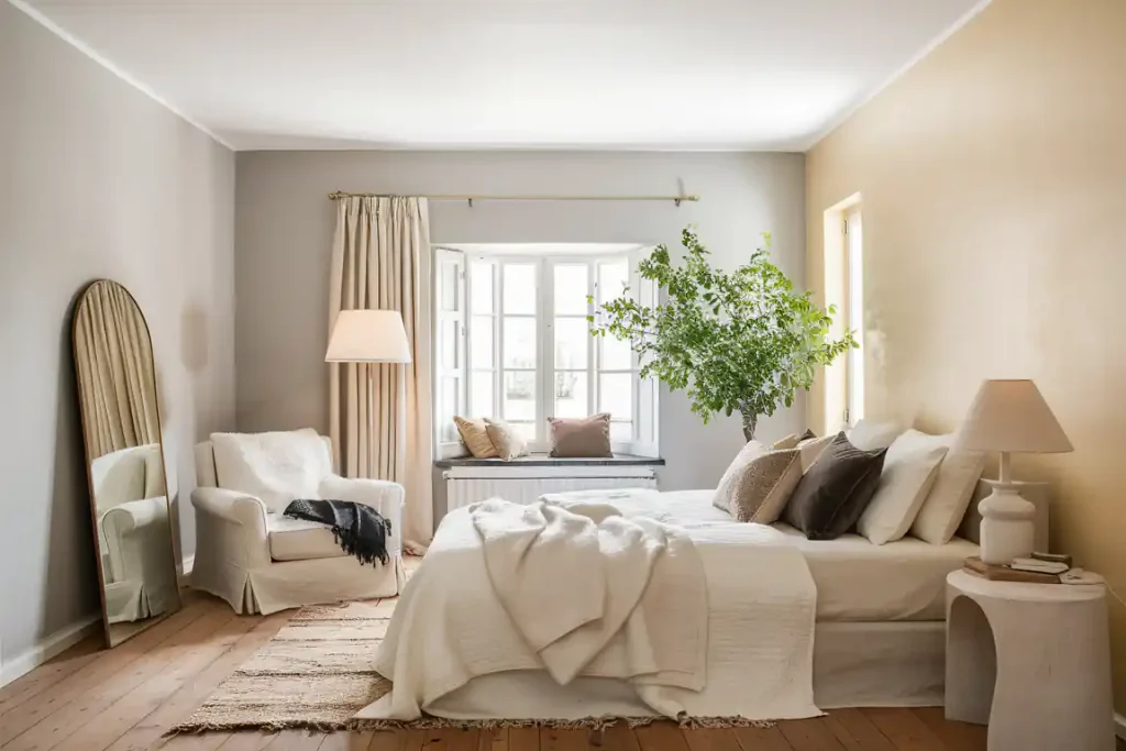 Cozy organic modern bedroom with a large bed, comfy chair, floor mirror, window seat, and greenery decorating the room.