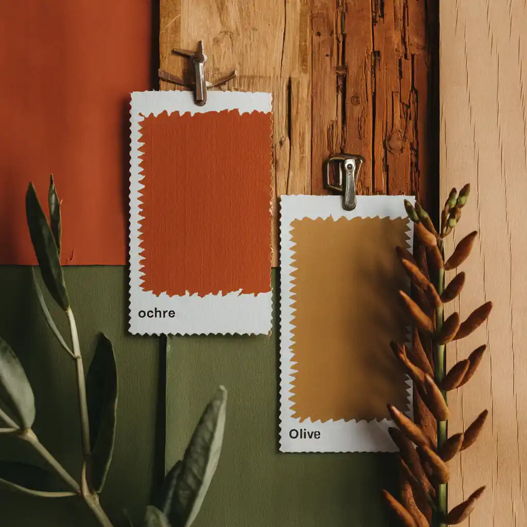 Two paint swatches, labeled "ochre" and "olive," are pinned on a wooden surface with plants around them, inspiring a warm, organic modern bathroom design.