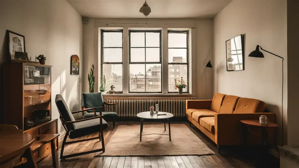 Cozy living room with large windows, a mustard sofa, armchairs, coffee table, and warm sunlight streaming in. The organic modern style seamlessly blends natural elements with contemporary interior design for a tranquil retreat.