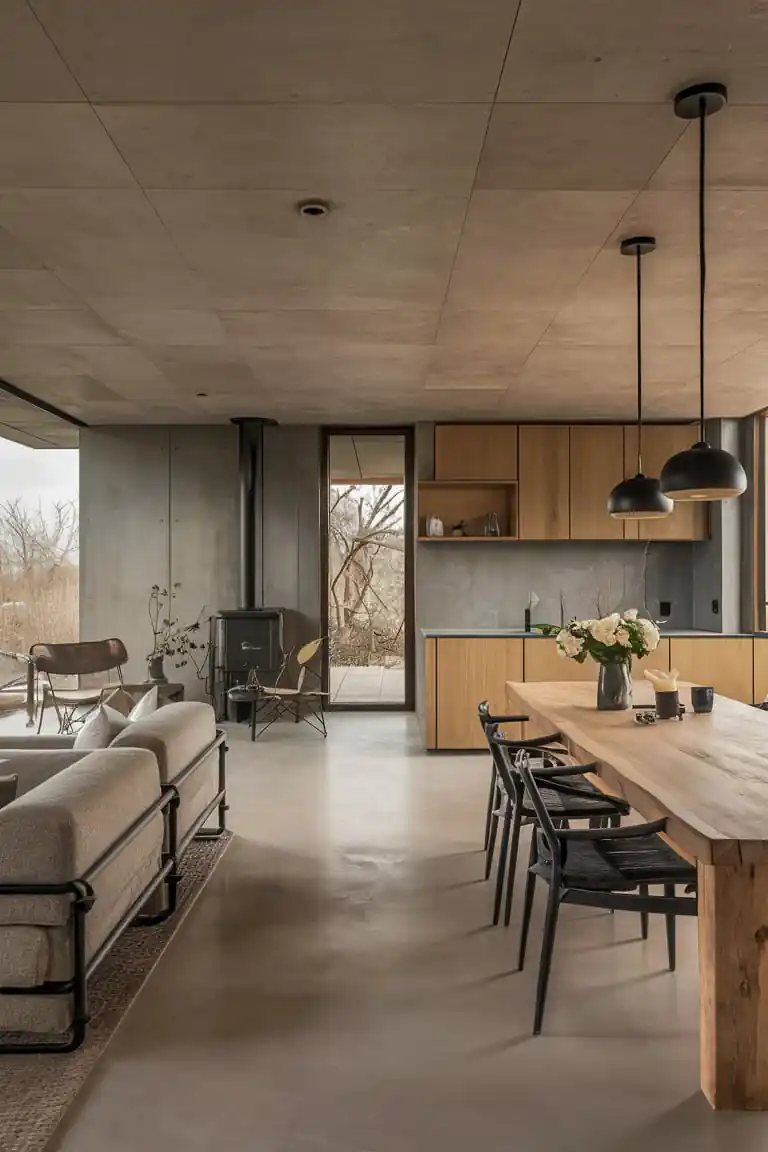 Modern open-concept living and dining area with minimalist décor, wooden furniture, and pendant lighting fixtures. Discover attic bedroom ideas to complement the space.