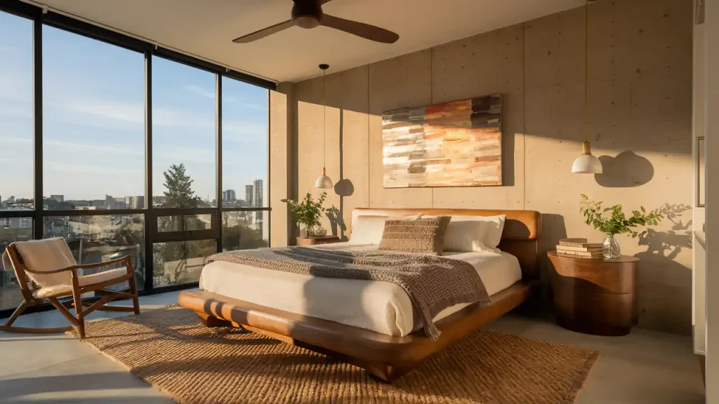 Organic Modern Bedroom with large floor-to-ceiling windows, a wooden bed, cozy chair, and pendant lights. Enjoy the harmonious blend of natural materials and contemporary style while taking in the breathtaking city view outside.