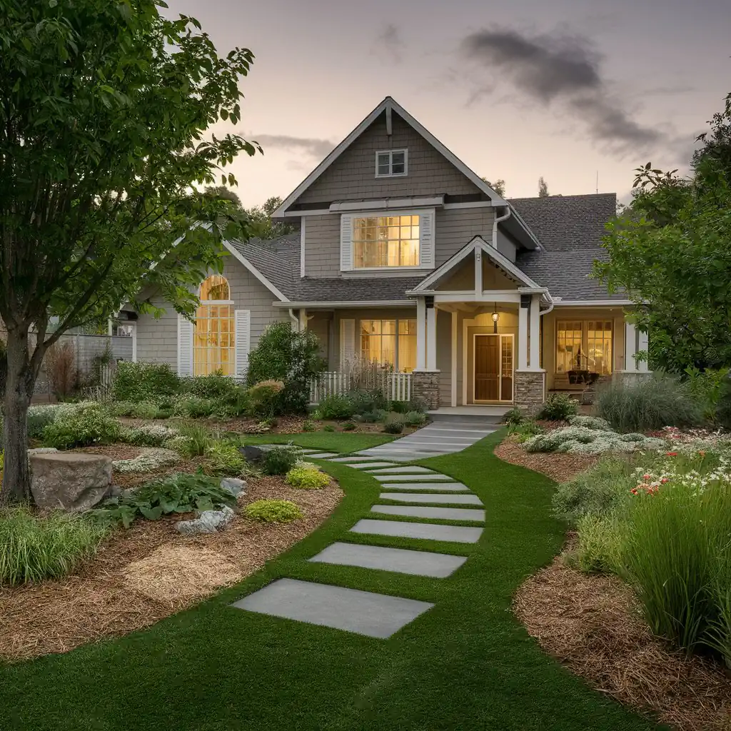 A charming two-story house with a well-lit interior, landscaped yard, stone path, and the best garden ground cover enhancing the greenery at dusk.
