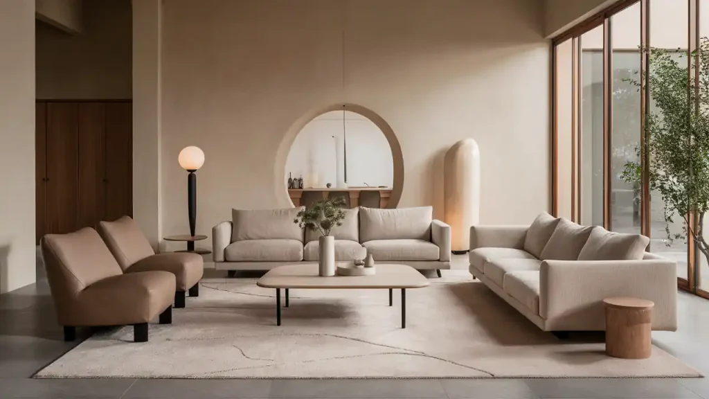 Minimalist living room with neutral-toned sofas, a coffee table, and accent lighting paired with a round mirror on the wall. The interior design embraces an Organic Modern Style, blending natural materials with contemporary elements.