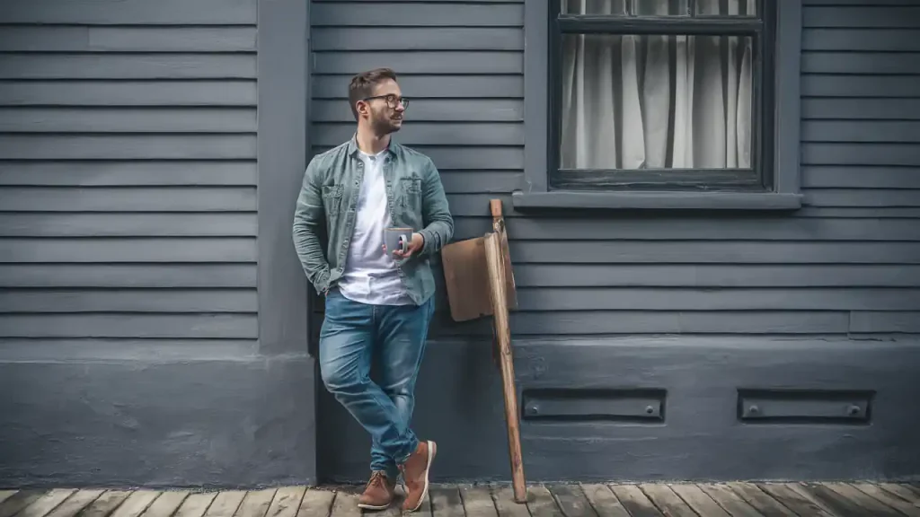A man in casual attire stands against a wooden house wall, holding a phone and leaning on a folding chair, perhaps researching the important home buying steps.