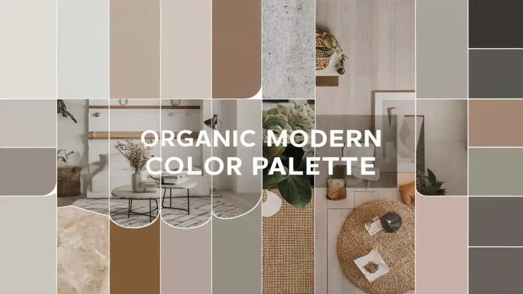 A collage showcasing an Organic Modern Style color palette with neutral tones and images of stylish, modern home interiors.