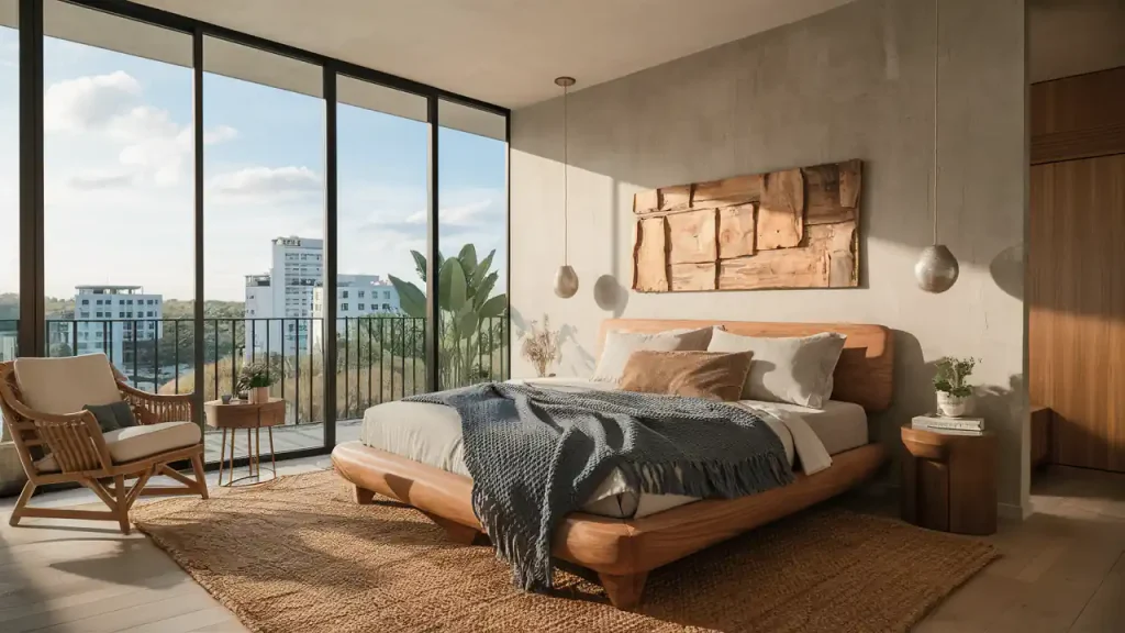 Modern bedroom with a wooden bed, large windows, a balcony view, and natural decor embodying organic design.