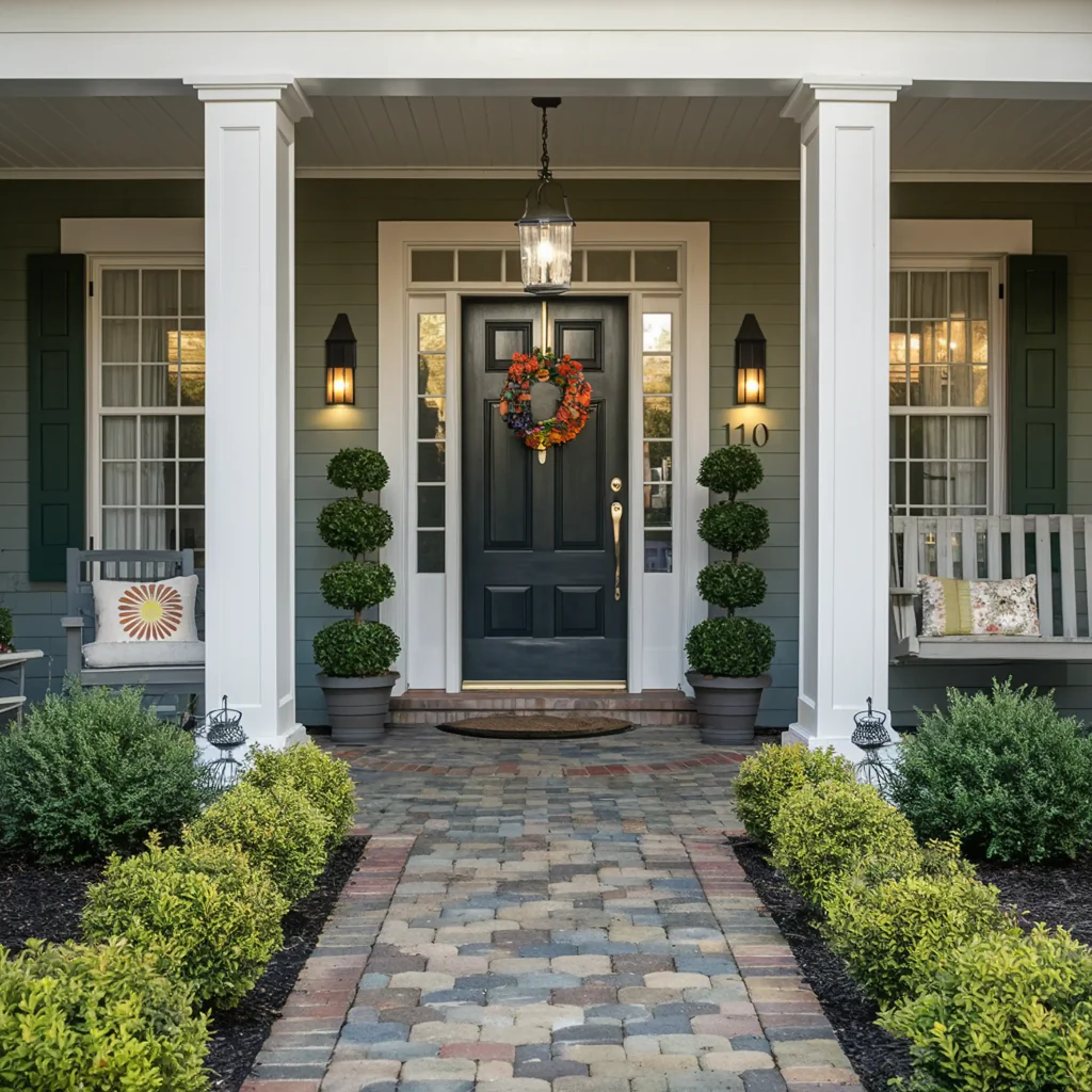 A neatly landscaped front porch with a green door, topiary plants, a wreath, white columns, and a brick pathway featuring the best ground cover to complete the charming garden look.