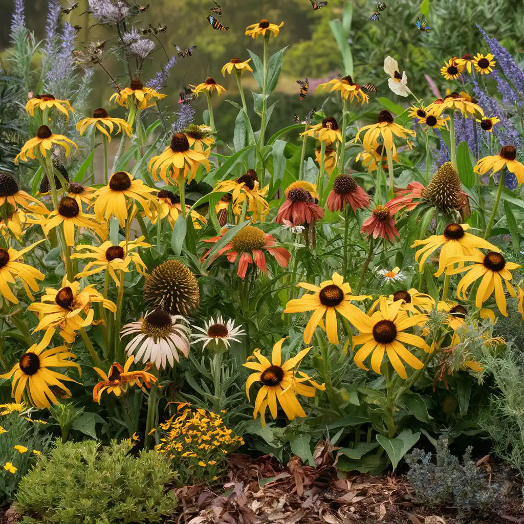 A vibrant garden with yellow sunflowers, purple flowers, and butterflies flying around showcases some of the best ground cover options for avid gardening enthusiasts.