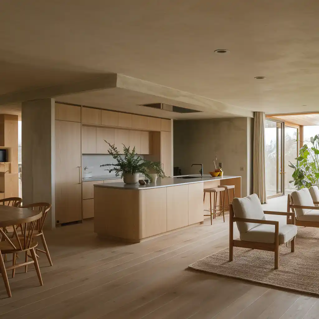 Modern open-concept kitchen and living area with wooden furniture, large island, plants, and natural lighting, capturing the essence of organic modern kitchen decor.