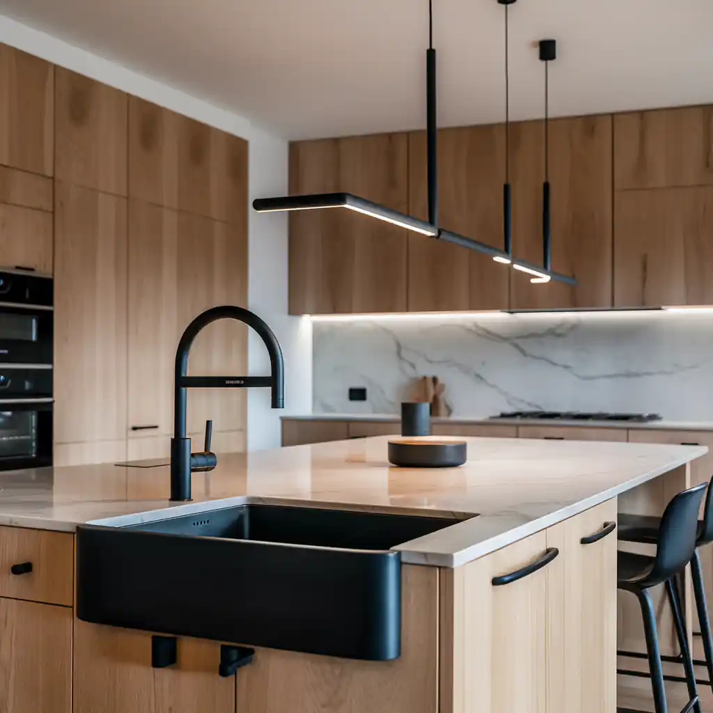Organic modern kitchen with wooden cabinets, marble countertops, black fixtures, an island with a sink, and minimalistic pendant lights.