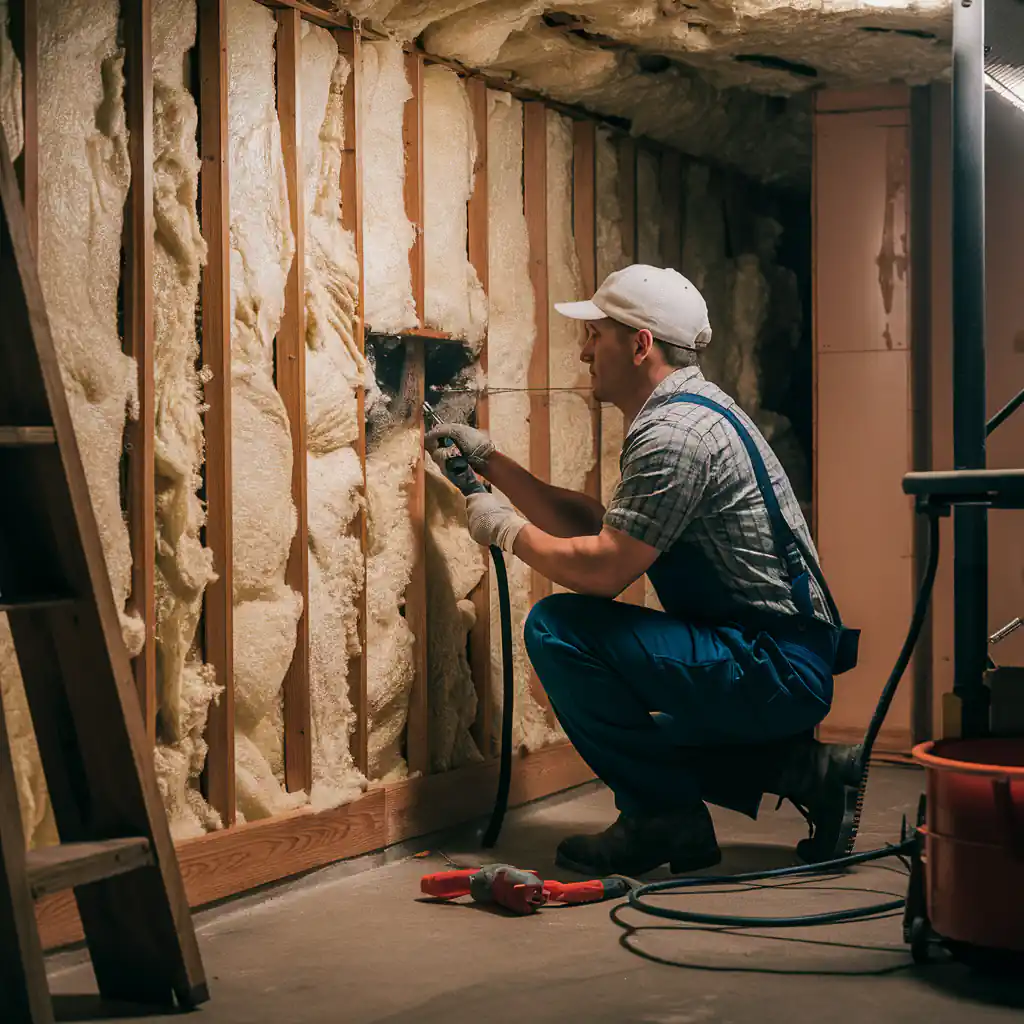 A worker in overalls is installing spray-foam insulation inside a room with exposed wall studs. Tools are scattered on the floor, ensuring safe use and easy access.