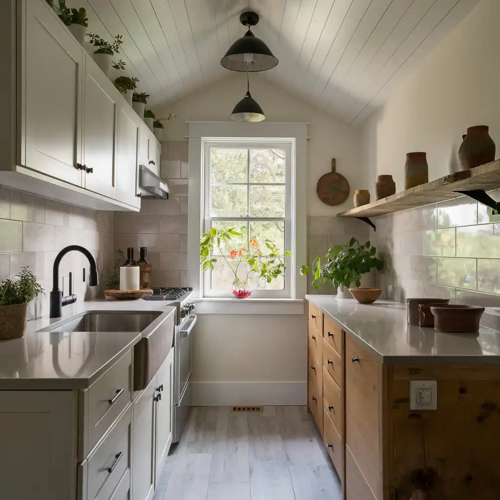 A small kitchen with white cabinets, plants on shelves, a window, a farmhouse sink, and stainless steel appliances exudes modern kitchen decor.