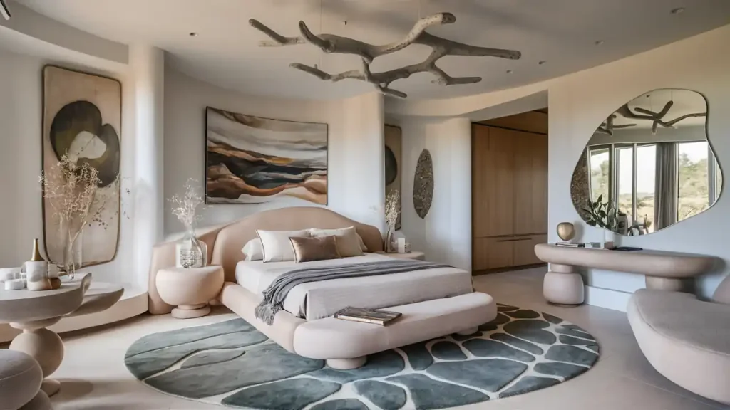 Modern bedroom with beige furniture, a large abstract art piece, unique ceiling fixture, and a patterned rug covering the floor, all showcasing an Organic Modern Design.